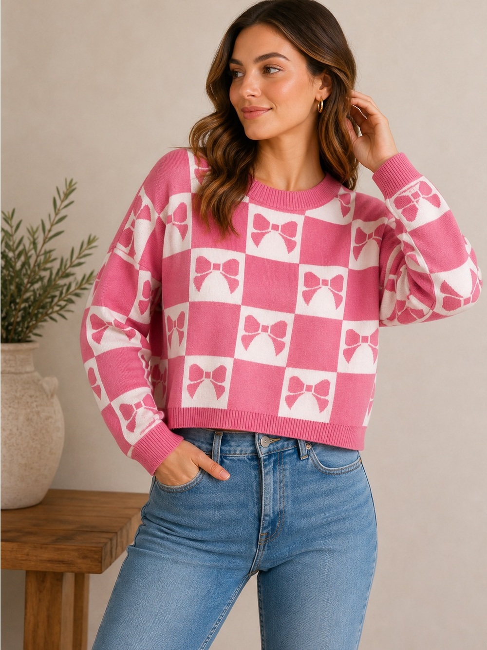 Chic Pink and White Bow Sweater